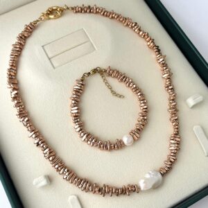 Eyla Collection gerçek inci ve hematit taşlı kolye bileklik seti.